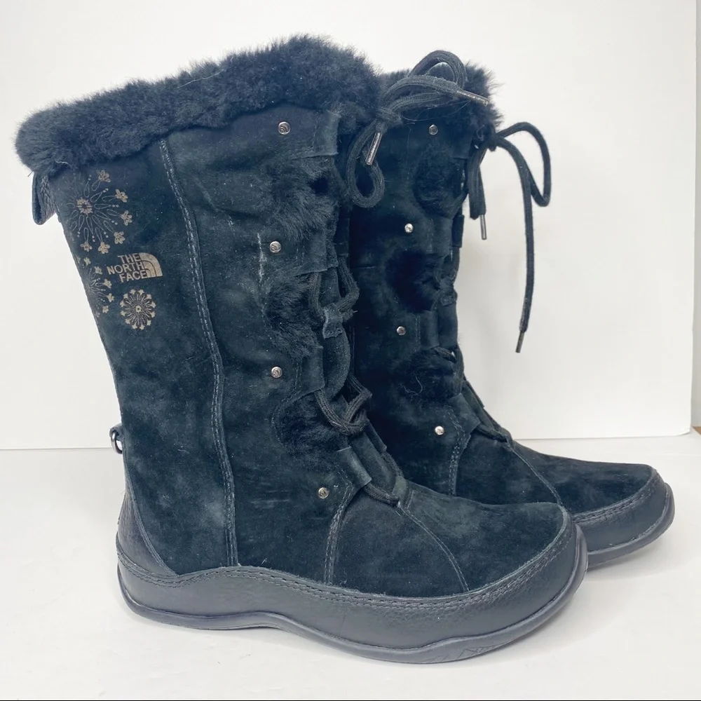 The North Face Abby III Waterproof Snow Boots Black Faux Fur Suede 8.5 - Picture 1 of 13